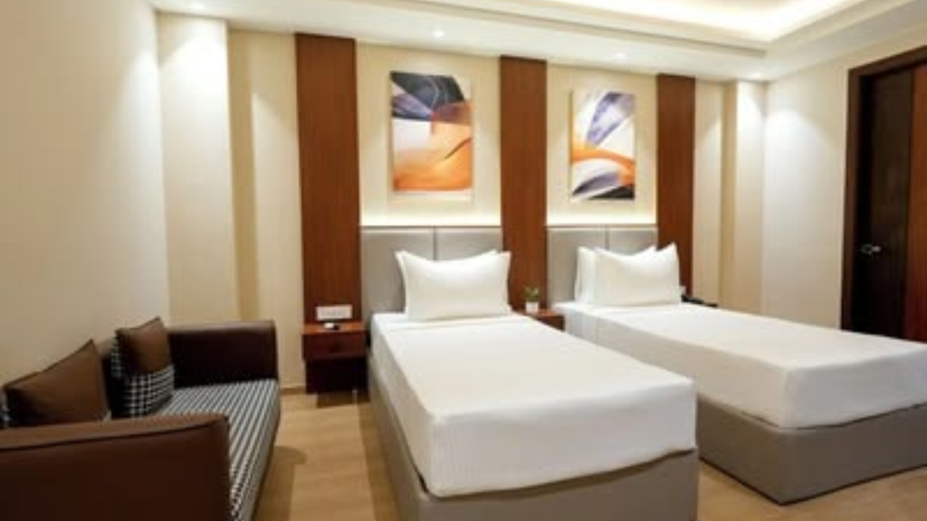 Modern hotel room with twin beds